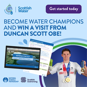 Illustration with image of Duncan Scott and the words Become Water Champions