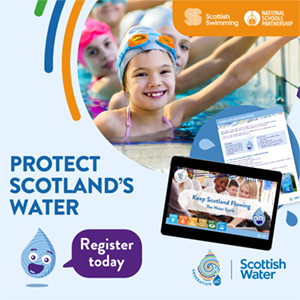 Illustration with image of kids in swimming pool and words Protect Scotland's Water