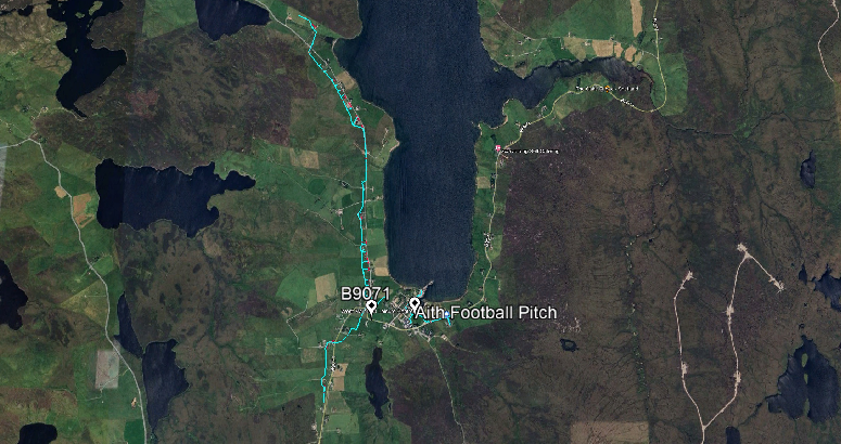 Ariel view of map showing route of new water main pipes from Aith to Braewick