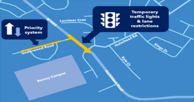 Infographic of road traffic management in place throughout water mains upgrade in Cumnock