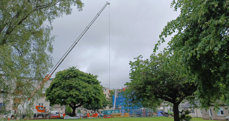A giant crane is needed to lift the lining into place Kings Inch Road Sewer Upgrade