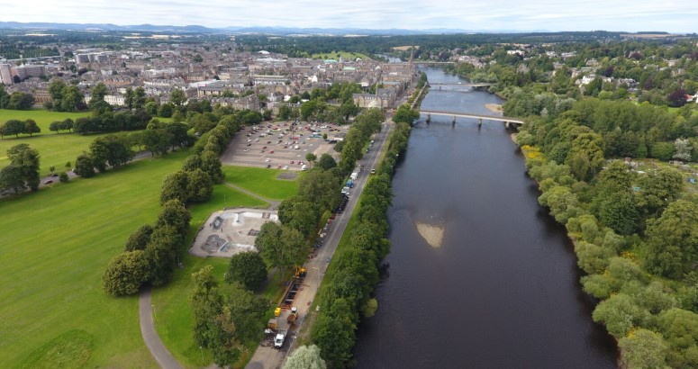 Drone image of River Tay including Scottish Water's Project Work on Tay Street