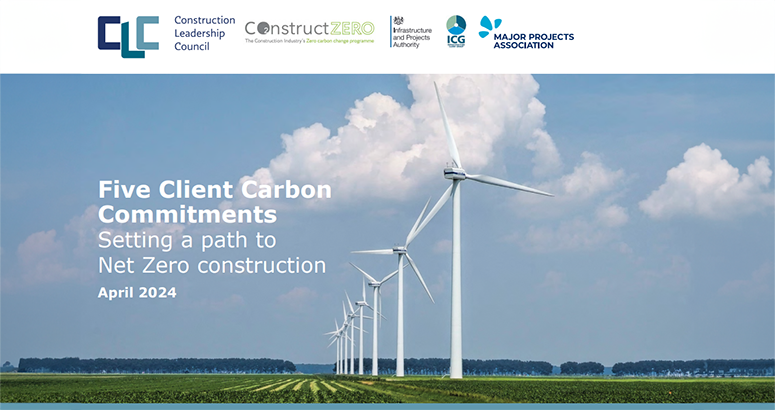  line of wind turbines in a green field with blue sky and Construction Industry Council logo banner