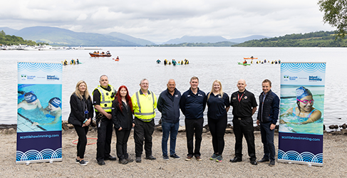 L-R - Claire Hubler, Roddie MacNeil, Joanne King, Cameron Taylor, Alan Thomson, Gordon Hunter, Lorna Smith, Chris Spence, Alan Crawford at Loch Lomond to mark Drowning Prevention Week